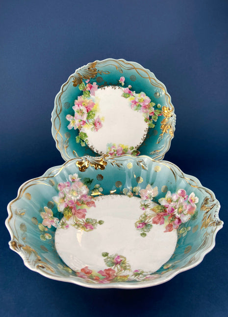 Antique Plate and Bowl by Milton, Imperial Vienna. Hand-Painted Tea Roses. Collectible Dessert Plate and Serving Bowl.