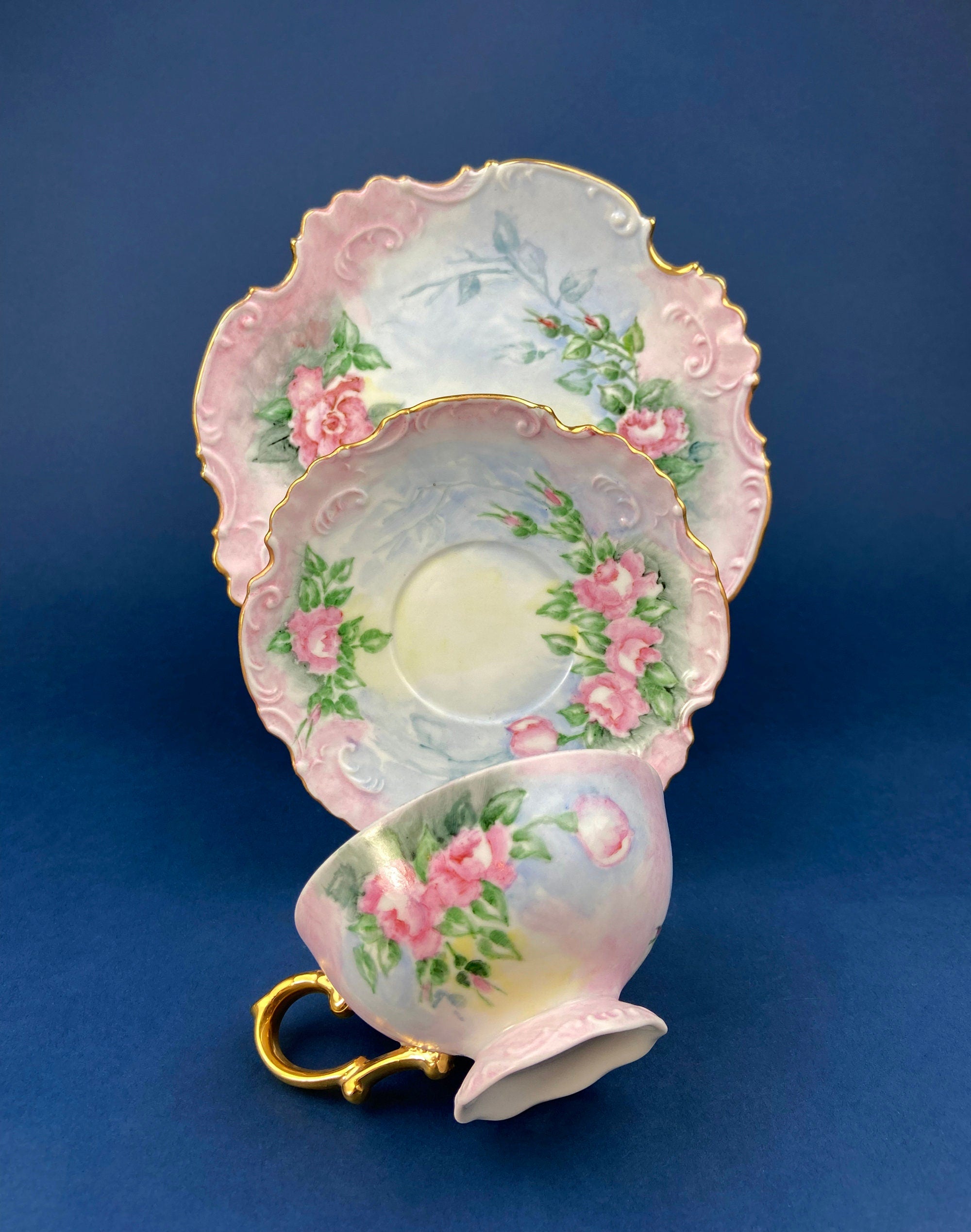 Victorian Pink Rose Teacup, Saucer & Dessert Plate In Decorative