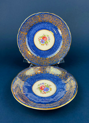 Vintage Aynsley Tea Cup Trio. Cup, Saucer, and Small 6" Dessert Plate. Blue and Gold, with Hand Painted Bouquet of Flowers. Fine Bone China.