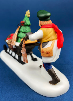 Christmas Village Accessories by Dept. 56. Porcelain, hand Painted Fruit Vendor. Chelsea Market Fruit Monger and Cart. Holiday Celebration.