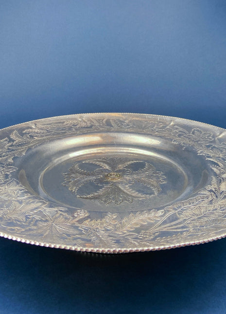 Large Metal Vintage Lazy Susan. Aluminum by Gailstyn. Hand-Engraved Floral and Leaf Pattern. Silver Colored, Footed Serving Bowl/Dish