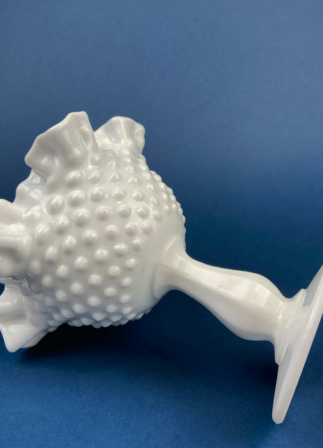 Fenton Milk Glass Footed Bowl. Fenton Crystal Compote with Hobnail Pattern, Scalloped and Ruffled Rim.
