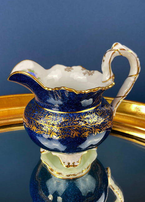 Vintage Aynsley Creamer and Sugar Bowl. Blue and Gold, with Hand Painted Bouquet of Flowers. Fine Bone China.