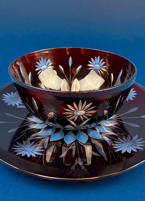 Vintage Bohemian Crystal Serving Bowl and Plate. Set of Two. Hand Cut, Ruby to Clear, Crystal Serving Dishes. Collectible Czech Glass.