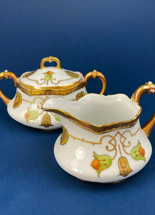 Vintage Porcelain Creamer and Sugar Jar. Bavarian, Gasser, Hand-Painted Violet Motif. Collectibles.