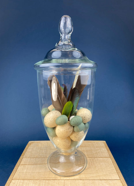 Large Lidded Apothecary with Eggs and Feathers. Alternative Spring/Easter Decor. Footed, Glass Storage Jar. Table Centerpiece. Shabby Chic.