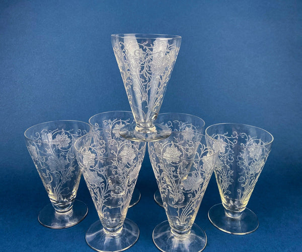 4 tall fostoria tumblers Fostoria Ice Tea Footed Tumblers. Etched Woodland Pattern. Vintage Fos –  Anything Discovered