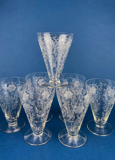 6 Vintage Acid Etched Wine Glasses, Lippincott - Bird of Paradise, 1940's,  Antique Etched Water Goblets, Vintage Wedding Glasses