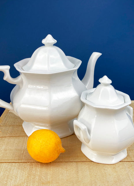 Vintage White Tea Pot and Sugar Bowl. Real English Ironstone. WM Adams and Sons. Micratex, England.