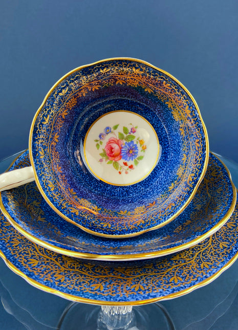 Vintage Aynsley Tea Cup Trio. Cup, Saucer, and Small 6" Dessert Plate. Blue and Gold, with Hand Painted Bouquet of Flowers. Fine Bone China.