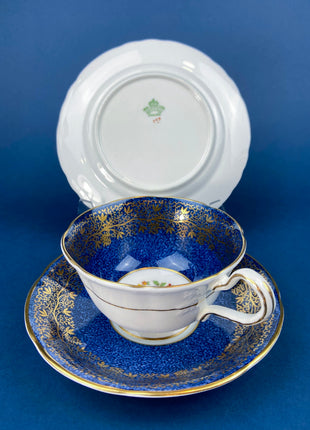 Vintage Aynsley Tea Cup Trio. Cup, Saucer, and Small 6" Dessert Plate. Blue and Gold, with Hand Painted Bouquet of Flowers. Fine Bone China.