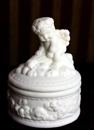 Porcelain Box with Lid. White Bisque Porcelain Box with Cherub on Lid. Gift for Her. Gift for Mother. Dresser Top Trinket or Jewelry Box.