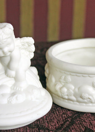Porcelain Box with Lid. White Bisque Porcelain Box with Cherub on Lid. Gift for Her. Gift for Mother. Dresser Top Trinket or Jewelry Box.