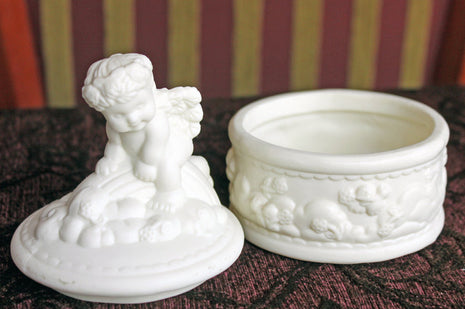 Porcelain Box with Lid. White Bisque Porcelain Box with Cherub on Lid. Gift for Her. Gift for Mother. Dresser Top Trinket or Jewelry Box.