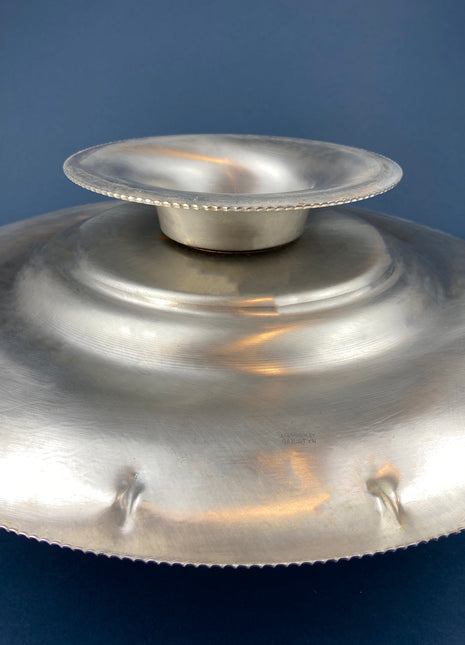 Large Metal Vintage Lazy Susan. Aluminum by Gailstyn. Hand-Engraved Floral and Leaf Pattern. Silver Colored, Footed Serving Bowl/Dish