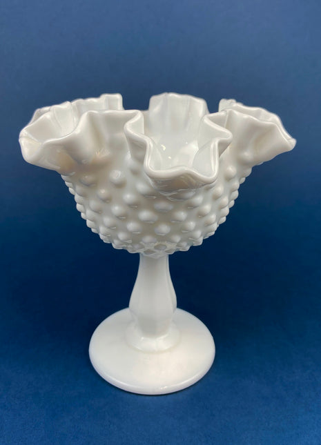 Fenton Milk Glass Footed Bowl. Fenton Crystal Compote with Hobnail Pattern, Scalloped and Ruffled Rim.