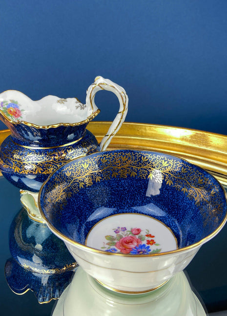 Vintage Aynsley Creamer and Sugar Bowl. Blue and Gold, with Hand Painted Bouquet of Flowers. Fine Bone China.