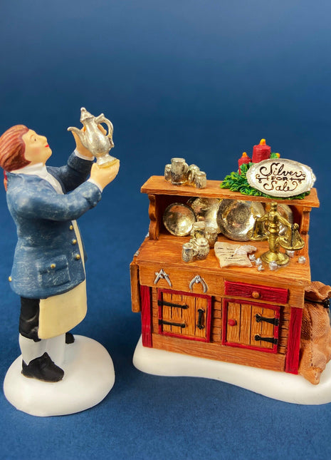Dept. 56 Figurines. Silver for Sale. Christmas Village Accessories. Silverware Vendor & Cabinet with Silver. New England Village Series.