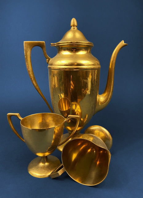 Antique Brass Coffee Pot, Creamer & Sugar Dish. Heavy Brass Containers with Art Deco Handles. Ethnic, Rustic Kitchen Accessories.