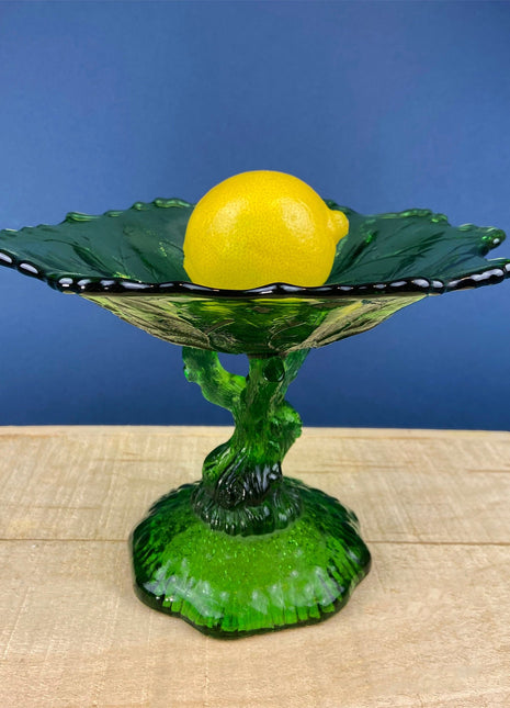 Green Glass Compote Shaped Like a Tree. Vintage Footed Serving Dish with Stem Shaped like a Tree Trunk. Fruit Stand. Table Centerpiece.