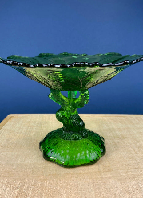 Green Glass Compote Shaped Like a Tree. Vintage Footed Serving Dish with Stem Shaped like a Tree Trunk. Fruit Stand. Table Centerpiece.
