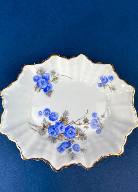 Antique Porcelain Berry Bowls. Set of Two Small Serving Bowls. Embassy Ware, Fondeville, England. Blueberry Motif. Scalloped Rim.