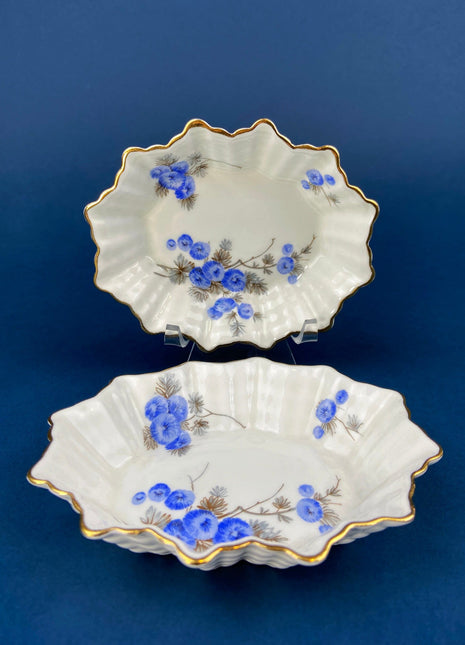 Antique Porcelain Berry Bowls. Set of Two Small Serving Bowls. Embassy Ware, Fondeville, England. Blueberry Motif. Scalloped Rim.