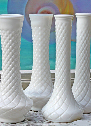 Milk Glass Fluted Vases with Ribbed Pattern. Set of Six Vases with Various Pattern. Wedding Reception Decoration or Home Collection.