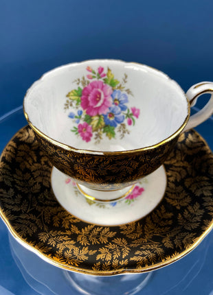 Vintage, Black & Gold Cup and Saucer. Royal Grafton Fine Bone China. Gold, Handpainted Floral Motifs. Collectible. Gift for Him or Her.