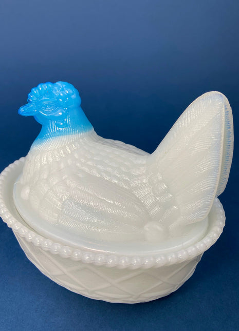 White and Blue Glass Hen in a Basket. Milk Glass Chicken Sitting on Eggs in a Basket. Butter Dish, Storage Bowl with Lid. Collectible Hen.