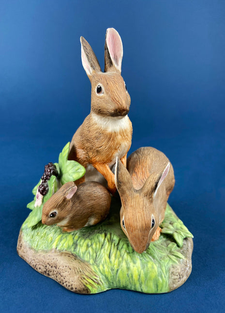 Brown Rabbit with Babies , In the Meadow by RW OM. Porcelain Figurines.