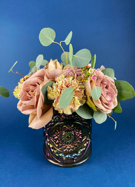 Vintage, Imperial Hobstar Carnival Glass Storage Jar or Flower Vase. Iridescent, Peacock Colored Glass Canister. Countertop Container.
