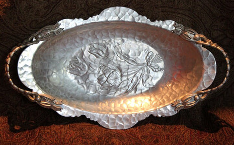 Hand Wrought Oval Platter with Ornate Handles & Flower Bouquet Relief