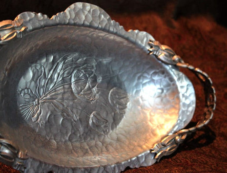 Hand Wrought Oval Platter with Ornate Handles & Flower Bouquet Relief
