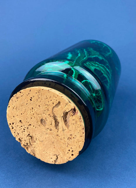 Green Glass Storage Jar with Dried Orange Slices. Large, Deep Green Glass Canister with Cork Lid. Countertop Container or Cookie Jar.