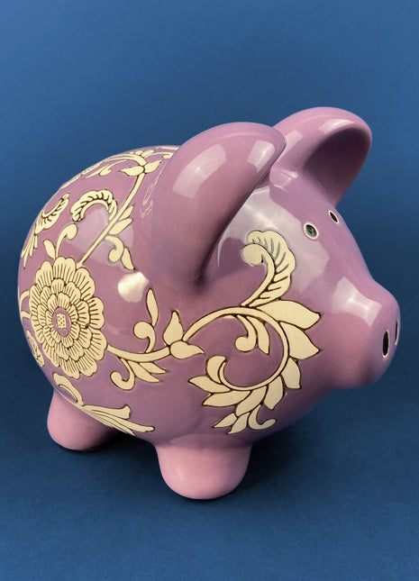 Large Ceramic Piggy Bank. Lavender Colored with Off-White Flowers and Vines. Gift for a Friend, Kid, or Travel Budget. Children's Room Decor