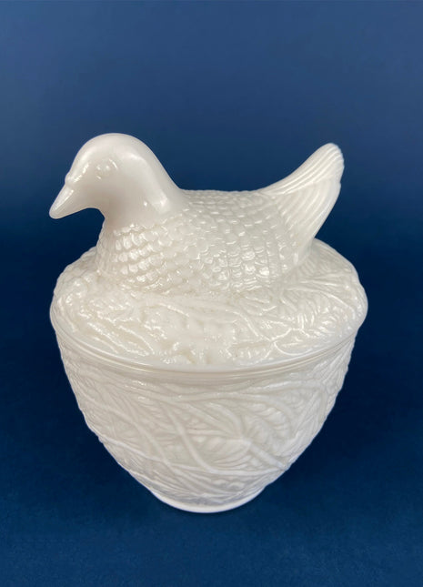 Milk Glass Hen on the Nest. Avon White Hen Sitting on Eggs. Jar with Lid. Storage Bowl with Cover.