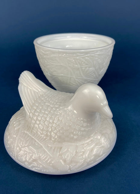 Milk Glass Hen on the Nest. Avon White Hen Sitting on Eggs. Jar with Lid. Storage Bowl with Cover.