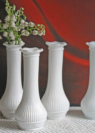 Milk Glass Fluted Vases with Ribbed Pattern. Set of Six Vases with Various Pattern. Wedding Reception Decoration or Home Collection.