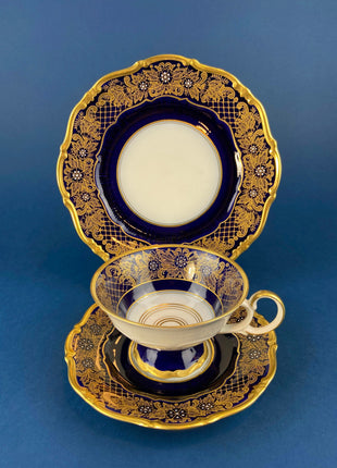 Antique Cup and Saucer Trio. Cobalt Blue Cup, Saucer & Dessert Plate with Gold, Handpainted, Floral Motifs. Weimar Kobalt Dora, Germany.