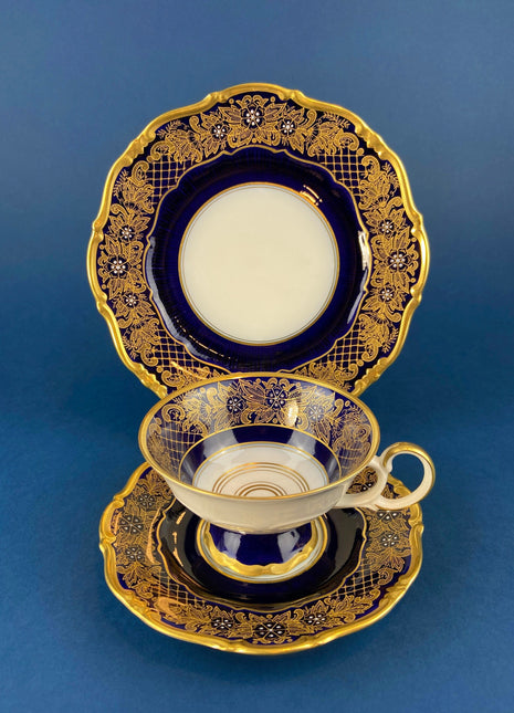 Antique Cup and Saucer Trio. Cobalt Blue Cup, Saucer & Dessert Plate with Gold, Handpainted, Floral Motifs. Weimar Kobalt Dora, Germany.