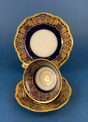 Antique Cup and Saucer Trio. Cobalt Blue Cup, Saucer & Dessert Plate with Gold, Handpainted, Floral Motifs. Weimar Kobalt Dora, Germany.