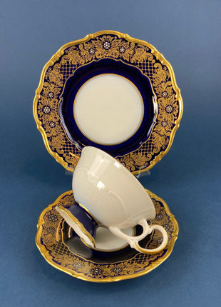 Antique Cup and Saucer Trio. Cobalt Blue Cup, Saucer & Dessert Plate with Gold, Handpainted, Floral Motifs. Weimar Kobalt Dora, Germany.