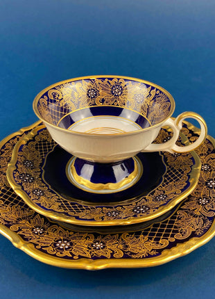 Antique Dark Cobalt Blue Cup & Saucer Trio with Golden Floral Hand Painted Trim. Rosenthal Fine Porcelain Tea Coffee Set. Dining Room Decor.