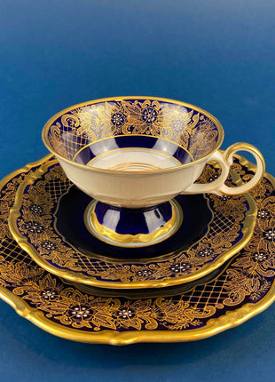 Antique Cup and Saucer Trio. Cobalt Blue Cup, Saucer & Dessert Plate with Gold, Handpainted, Floral Motifs. Weimar Kobalt Dora, Germany.