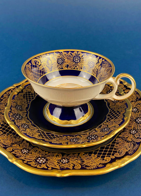 Antique Cup and Saucer Trio. Cobalt Blue Cup, Saucer & Dessert Plate with Gold, Handpainted, Floral Motifs. Weimar Kobalt Dora, Germany.