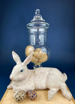 Large Lidded Apothecary with Eggs and Feathers. Alternative Spring/Easter Decor. Footed, Glass Storage Jar. Table Centerpiece. Shabby Chic.