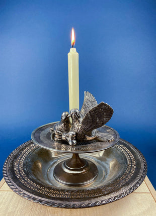 Antique Pillar Candle Holder / Silver Plated Candle Stand / Ornate Pedestal Stand with Beautiful Sculpted Birds.