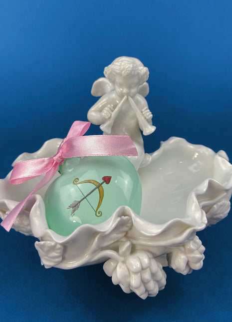 White Porcelain Cupid Soap Dish. Cupid Playing Flutes. Beautifully Detailed Flora & Fauna. Gilman Coll. "Amore", NY. Original Gift of Love.