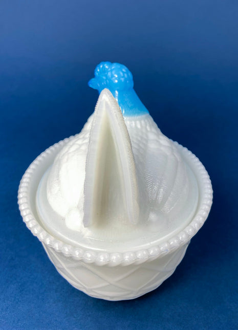 White and Blue Glass Hen in a Basket. Milk Glass Chicken Sitting on Eggs in a Basket. Butter Dish, Storage Bowl with Lid. Collectible Hen.